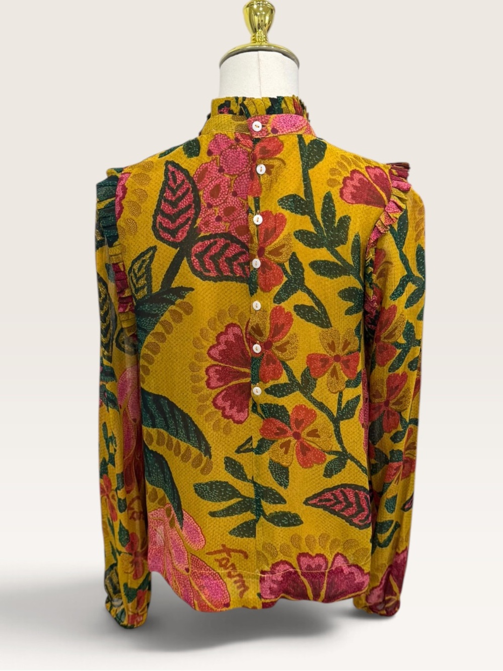 Farm Rio XS Golden Yellow Floral Print Button Back Long Sleeve Blouse EUC Boho - Picture 6 of 13